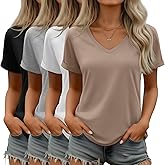 Riyiper 4 Pack Women's V Neck T Shirts, Summer Casual Short Sleeve Tops Loose Rolled Sleeve Tees Trendy Shirts