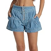 D-Sun Women's Denim Shorts Summer Casual High Waisted Jean Shorts Flowy Wide Leg Pleated Ruffle Fashion Jean Skorts