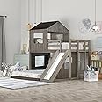 MERITLINE House Bed Bunk Beds with Slide Twin Over Full Size Bunk Bed Frame with Slide,Wooden Playhouse - Design Slide Bunk Beds Twin Over Full Bunk for Boys and Girls