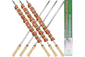 JOWHONK 23.6" Large Skewers for Grilling,304 Stainless Steel 0.4 inch Wide Kabob Skewers with Wooden Handle,Heavy-Duty Flat M