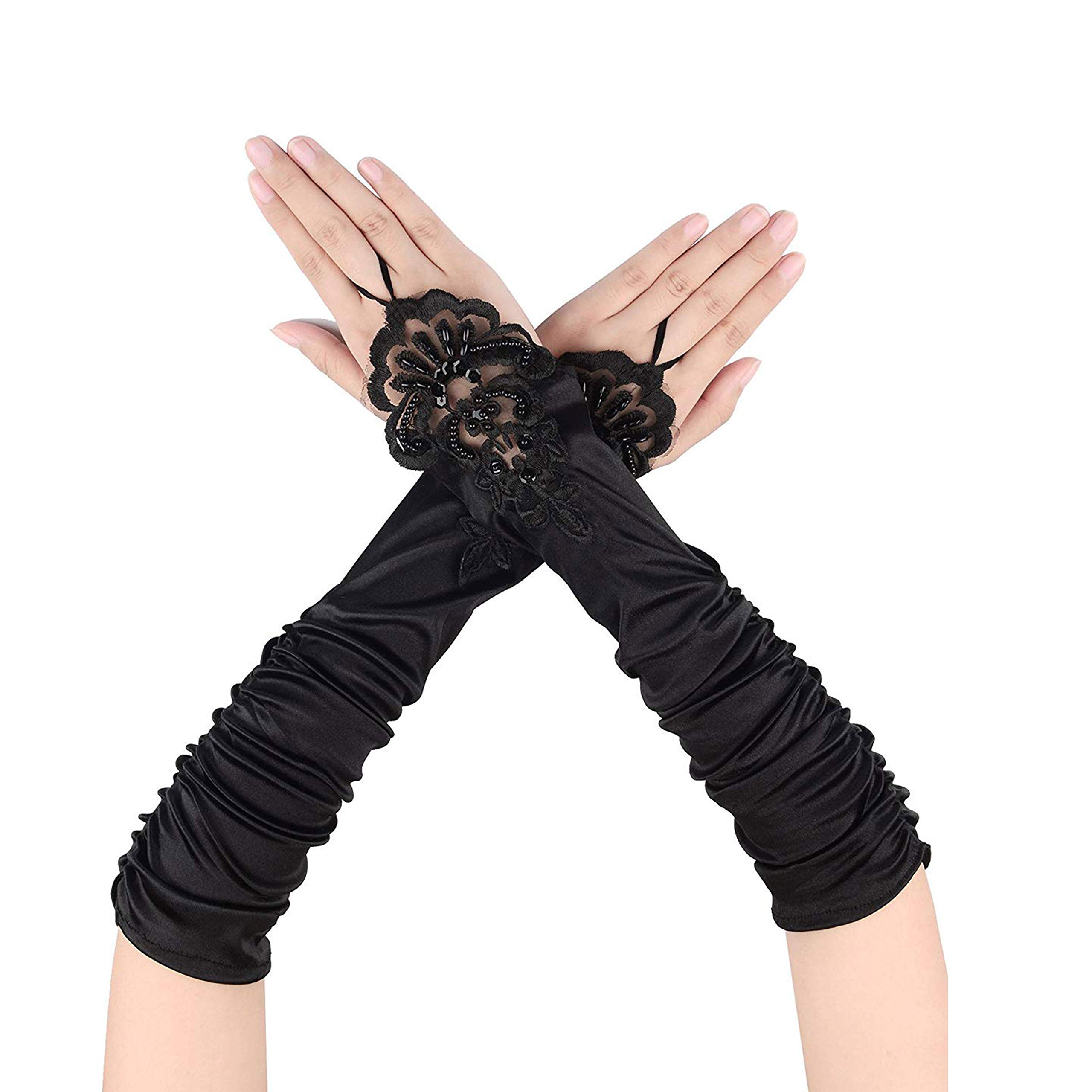 TANCUDER Long Gloves for Women Ladies, Black Opera Gloves 1920s Accessories Flapper Costume Finger Vintage Fingerless Lace Glove Classic Satin Elbow Length Glove for Fancy Dress Party Decoration