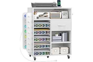 DWVO Craft Organizer Storage Cart with Power Outlet, Rolling Crafting Cabinet with Adjustable Shelves, Vinyl Roll Holder – Crafting Table with Storage for Craft Room Home Office