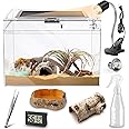 Reptile PC Terrarium - Anti Breakage 19.5x9.4x10.5 in Amphibians Tank Starter Kits, Top Sliding Door Screen Ventilation Mini Habitat Cages, Hygrometer Thermometer, Hide Cave, Tweezer, Sprayer