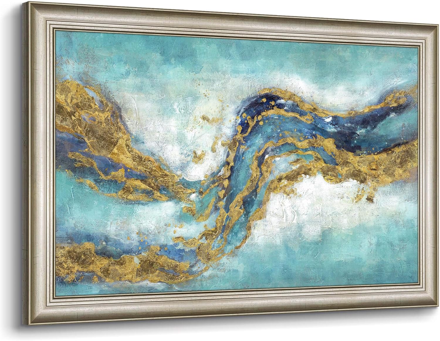 Paintings - Teal Abstract Wall Art Framed：Large Canvas Art Abstract Teal Artwork Hand Painted with Heavy Texture Gold Foils Picture for Living Room(45x30)