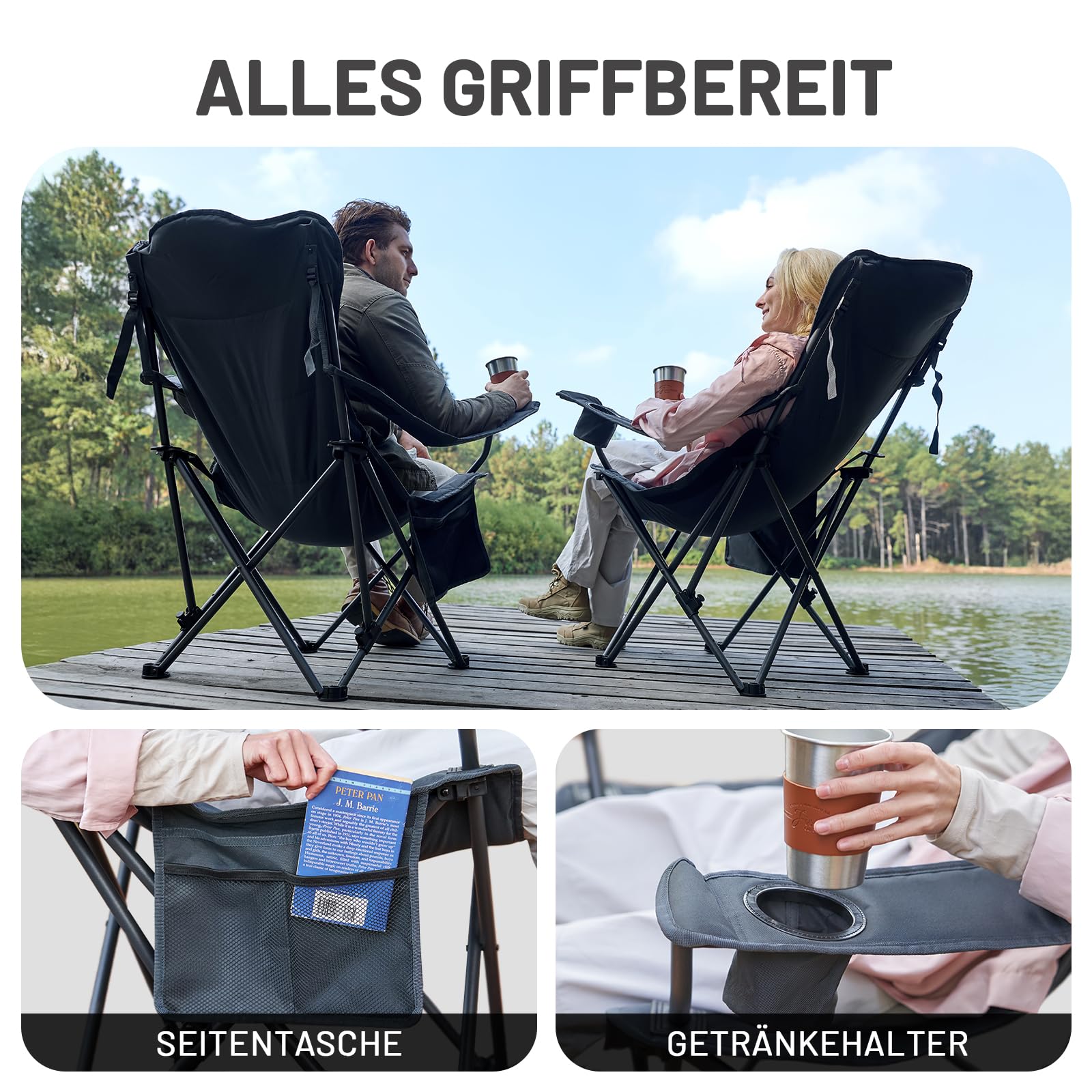 TIMBER RIDGE Campingstuhl Faltbar 180KG Rückenverstellbar in 3 Positionen Klappstuhl Gepolsterter Angelstuhl Übergroß Sitzbreite 62cm mit Seitentasche Getränkehalter 6