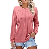 Amoretu Womens T Shirts Long Sleeve Tops Dressy Casual Round Neck Shits Loose Fit Fashion Pleated Blouse 2024