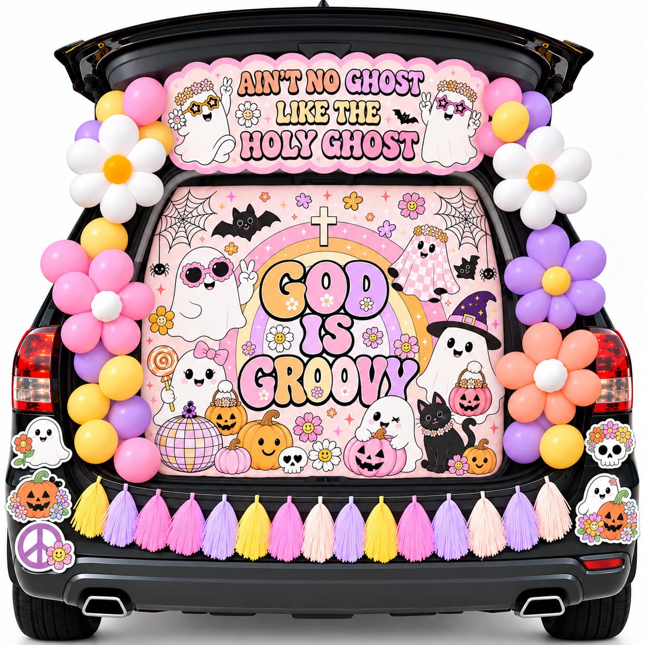 Cinrobiye Halloween Trunk or Treat Decorations Kit, Christian God Is Groovy Holy Ghost Car Trunk Decor with Pastel Backdrop, Daisy Balloons and Banner for SUV Church Fall Festival
