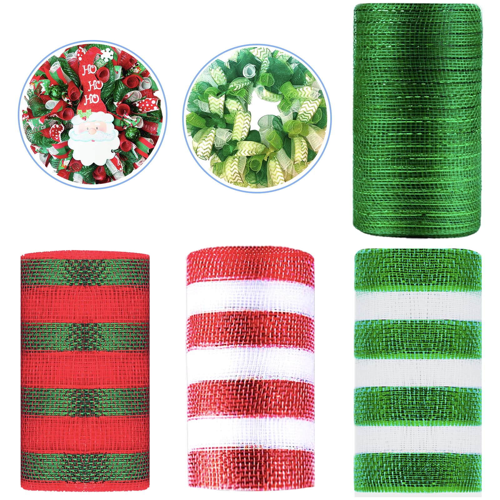 4 Rolls Christmas Deco Mesh Rolls for Wreath Making,6 Inch x 10 Yards White Red Green Xmas Ribbons Stripe Mesh Metallic Foil Deco Poly Mesh Roll for Christmas Swag Decoration Wreath Making,Garland,Bow — image 1