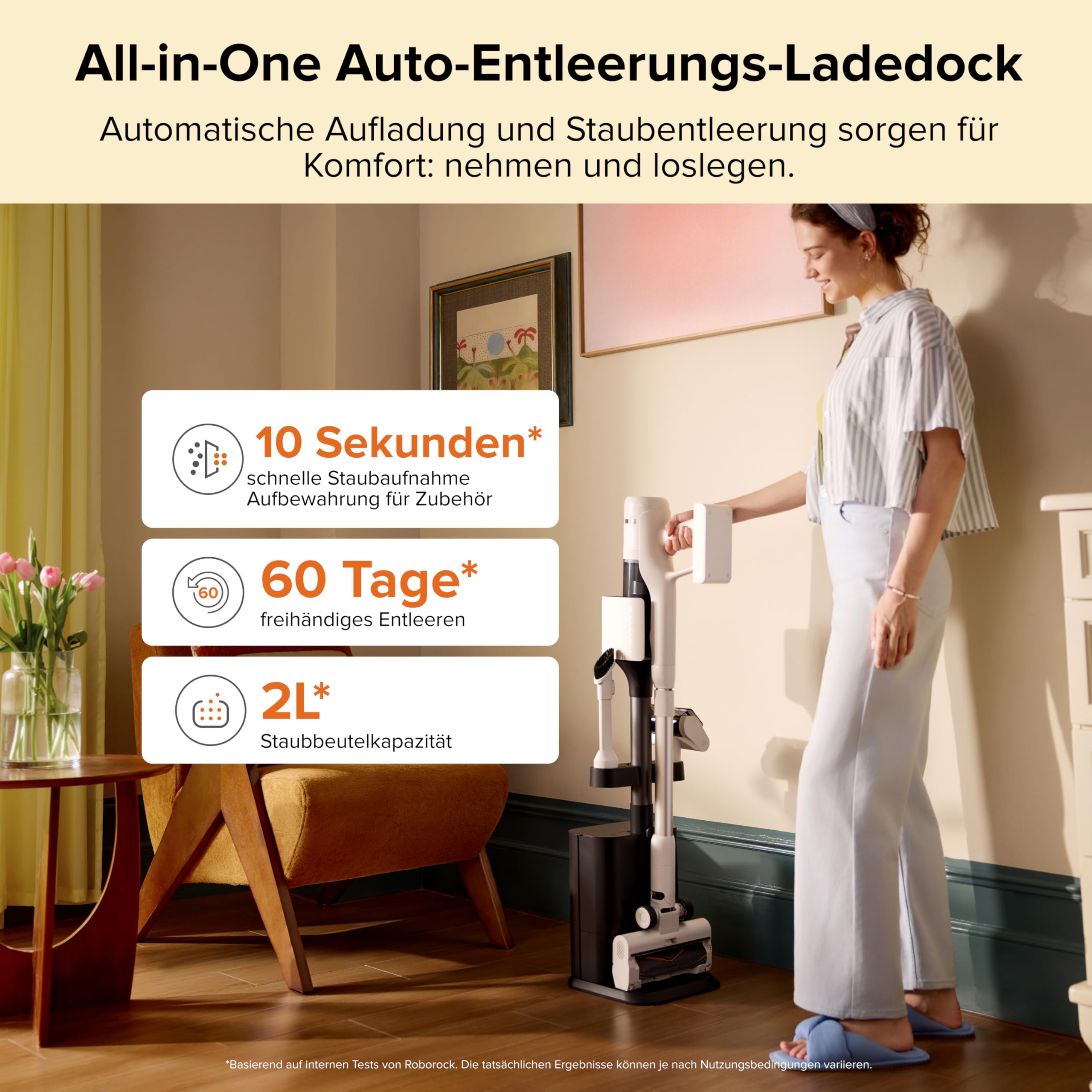 roborock H60 Hub Akku Staubsauger mit Absaugstation, 27000Pa/300W/60 Min Akkusauger mit Absaugstation, Staubsauger kabelos mit Anti-Tangle Bürste für Teppiche, Hartböden, Tierhaare, Auto 2