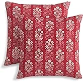 KiuLoam Vintage Red Cream Floral Block Print Decorative Pillow Covers 18x18 Inch Set of 2 Rustic Boho Flower Outdoor Throw Pillows Neutral Farmhouse Decoration Cushion Cases for Sofa Couch Bed Decor