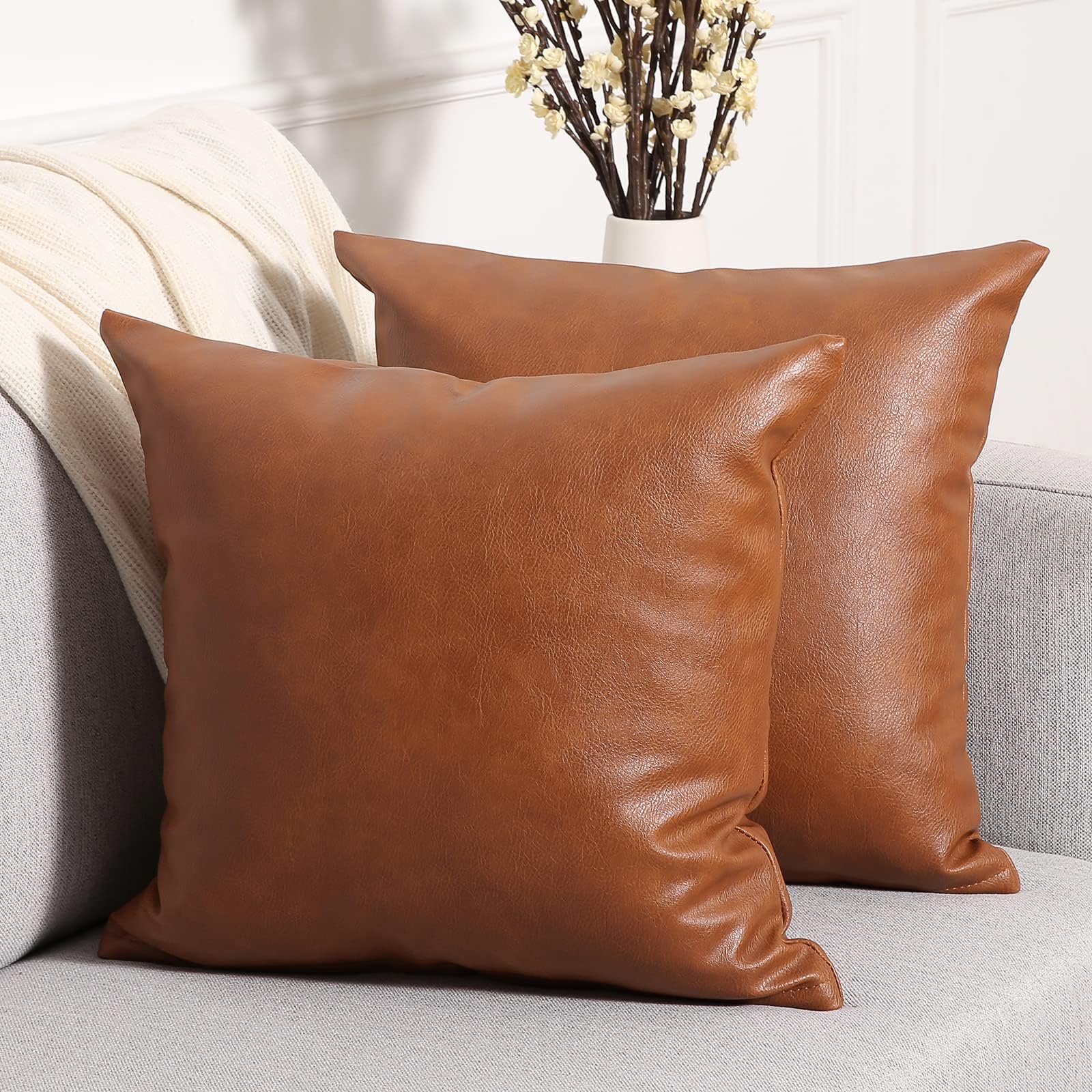 YAERTUN Set of 2 Faux Leather Decorative Throw Pillow Covers Modern Solid Outdoor Cushion Cases Luxury Pillowcases for Couch Sofa Bed 18x18 Inches Brown