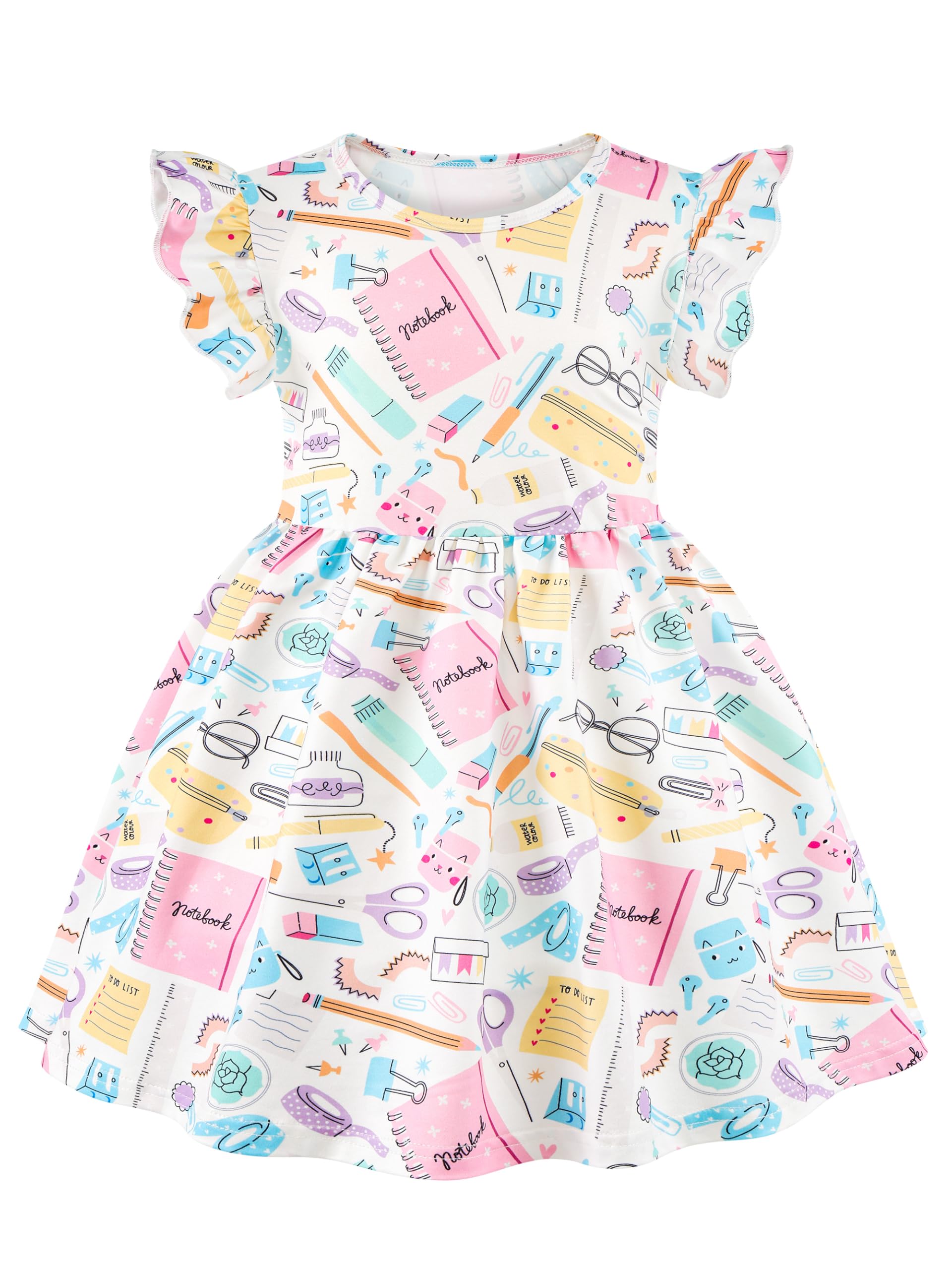 Photo 1 of AlisOker Toddler Girls Back to School Dress Casual Flutter Sleeve Swing Midi Kids Summer Sundress School Outfit 4-8 Years