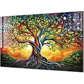 fzxwyishu,Tempered Glass Backsplash for Kitchen,Tree of Life,Easy to Clean | 30"Lx18"W,Colorful,Tempered Glass Backsplash behind Stove,Stove Backsplash Panel,Oven Backsplash,Kitchen Wall Decoration