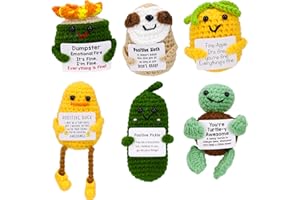 6Pcs Positive Crochet Animal Dolls with Encouragement Cards - Mini Handmade Emotional Support Pickles, Duck, Sloth & Turtle -