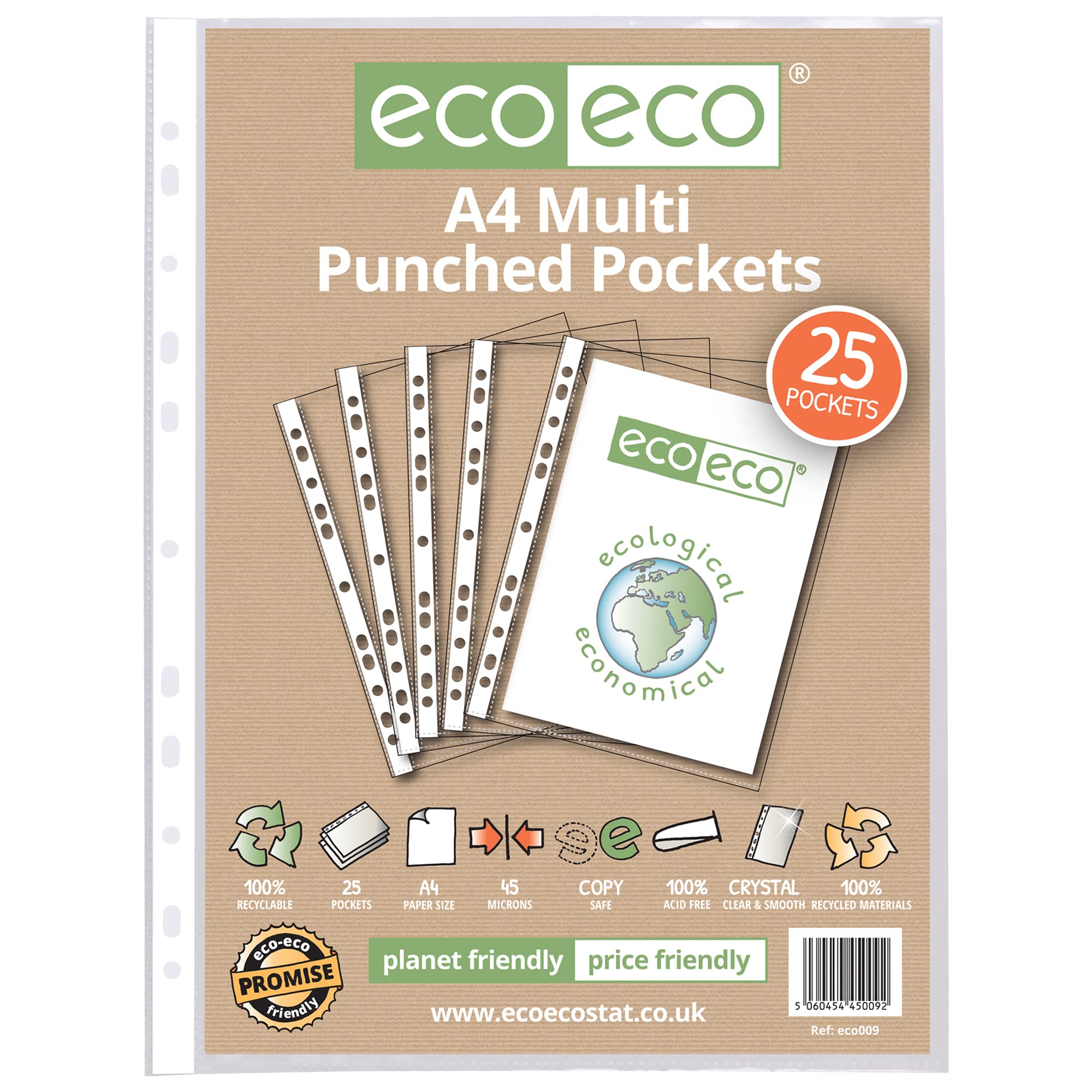 eco-eco A4 100% Recycled Multi Punched Pockets Glass Clear, Transparent Poly Wallet Sheet Protector, 45 Microns (Pack of 25)