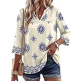 Rapbin Womens 3/4 Sleeve V Neck Floral Print Pleated Blouses for Women Dressy Casual Loose Fit Tops