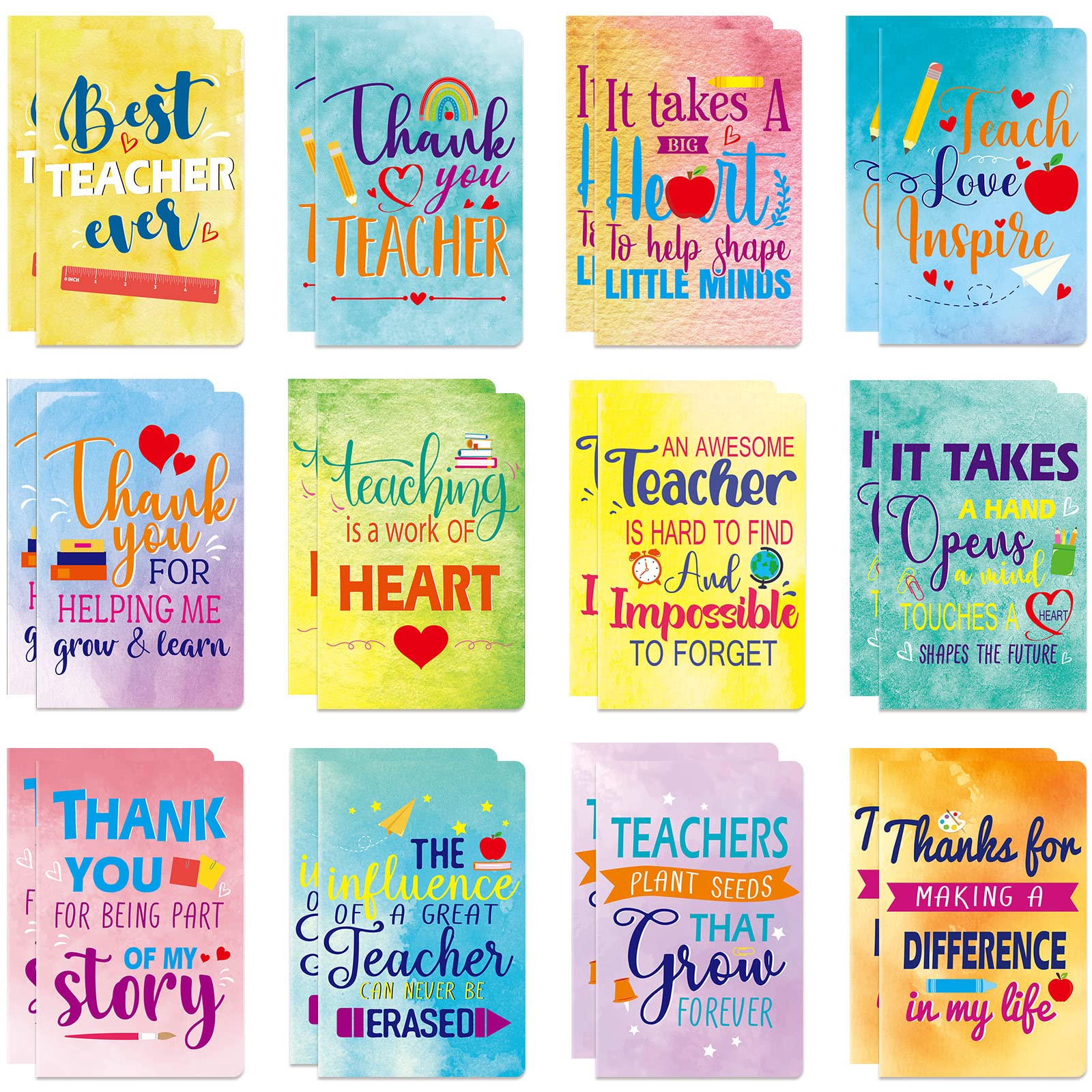 24 Pcs Teacher Notebook Appreciation Teacher Gift Inspirational Motivational Teacher Notepad 3 x 5 Inch Pocket Small Teacher Journal for Teacher's Day Appreciation Present School Supplies, 12 Designs