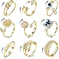 FIBO STEEL 9 Pcs Fidget Anxiety Rings for Women Men Spinner Rings for Anxiety Relieving Stress Open CZ Flower Moon Star Anti Rotatable Rings Adjustable