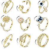 FIBO STEEL 9 Pcs Fidget Anxiety Rings for Women Men Spinner Rings for Anxiety Relieving Stress Open CZ Flower Moon Star Anti Rotatable Rings Adjustable