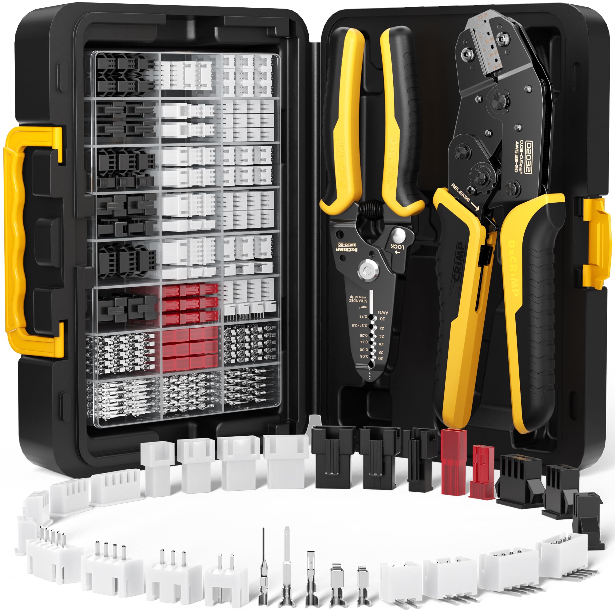 DxCRIMP JST Crimping Tool, Crimp Connectors, with 24 Types JST-SYP + JST-SM + JST-XH 2.5mm Connectors, Crimping Tool 0.03-0.5mm²(AWG 32-20) for Dupont, JST-VH, KF2510, AMP EI-Serie, Molex Crimp Tool