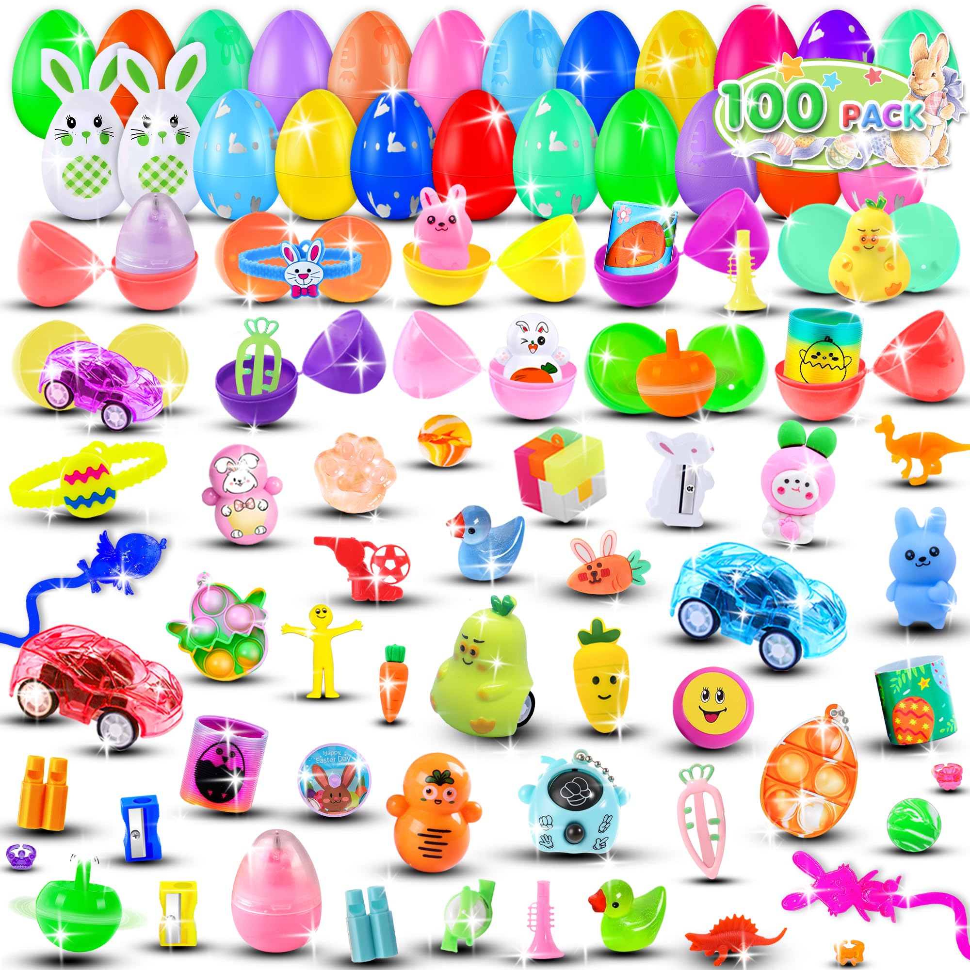 Jookamar 100 Pack Prefilled Easter Eggs with Toys Inside,Plastic Eggs Fillers, Easter Basket Stuffers, Party Favors Supplies, Classroom Prizes Bulk Toys, Easter Hunt Gifts
