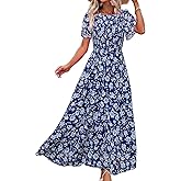 Simplee Womens Summer Floral Summer Maxi Dresses Boho Flowy Flutter Short Sleeve Crew Neck Vacation Smocked Chiffon Dress