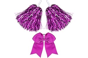 Hanaive 3 Pcs Plastic Cheerleading Pom Poms and Large Cheerleader Hair Bow Cheer Supplies for Dance Squad Sport Rooters Accessories