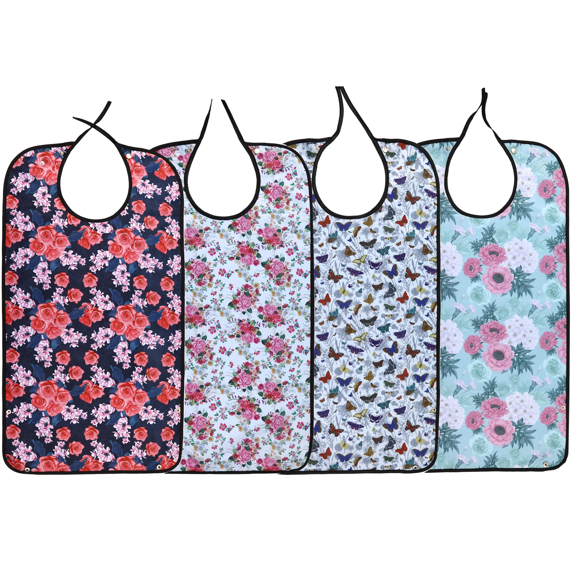 YELAIYEHAO Adult Bib for Eating Washable Reusable Waterproof Clothing Protector with Optional Crumb Catcher34 x 18" Women (Black+butterfly +green+white, 4PCS)