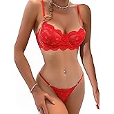Lilosy Sexy Underwire Push Up Scallop Floral Lace Sheer Lingerie Set for Women Bra and Panty 2 Piece