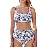 MOOSLOVER Women High Waisted Bikini Sets Full Coverage Two Piece Swimsuit Retro Floral Modest Bathing Suit