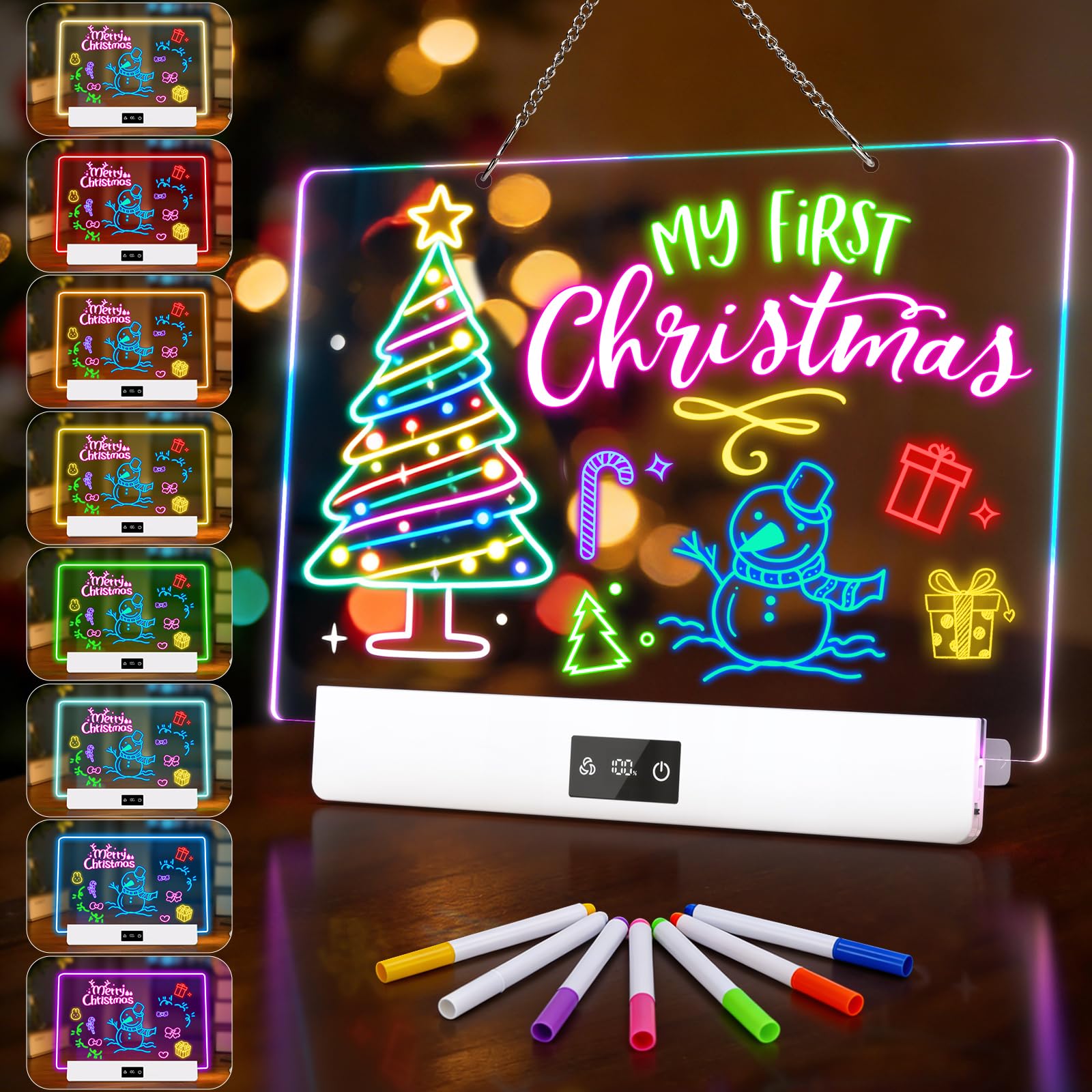 LED Drawing Board with 12 Color Light Modes, 35x23 CM Rechargeable Neon Glow Art Dry Erase Light Up Drawing Board Kids, Hanging Chain & Built-in Stand, 7 Markers Gifts for Kids Christmas Birthday