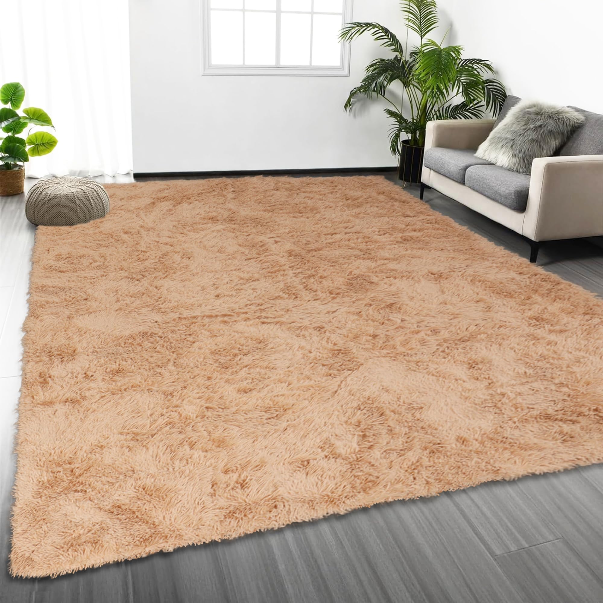 Oxford Homeware Rugs Living Room 120 x 170 cm – Fluffy Shaggy Beige Area Rugs for Bedroom, Lounge – Super Soft Non Slip Rug Washable Modern Floor Carpets Bedside Rug for Kids Room