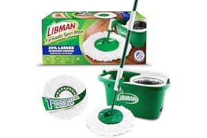 Libman Tornado Spin Mop System and 1 Refill, Mop and Bucket with Wringer Set for Hardwood Floor Cleaning, 2 Total Heads Included