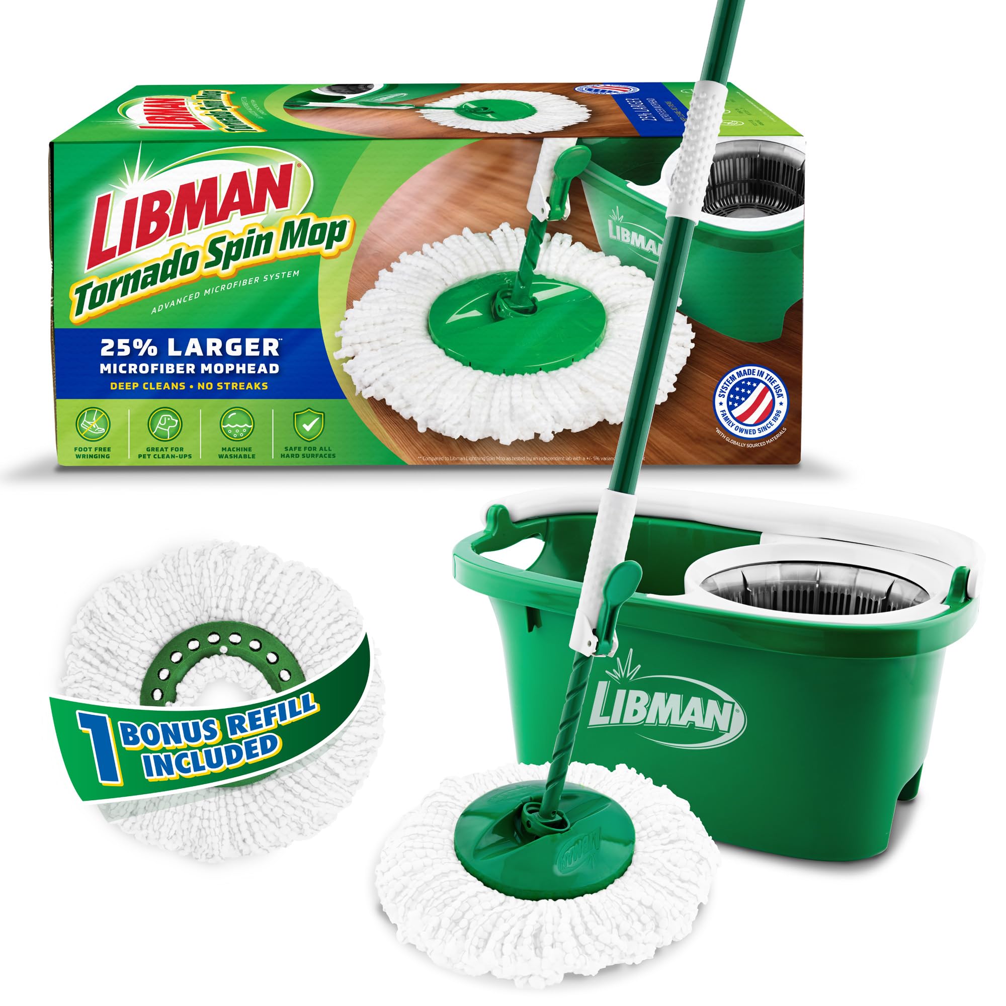 Photo 1 of Libman Tornado Spin Mop System, Spinning Floor Mopping and Bucket with Wringer Set for Home, Hardwood, Laminate, Tile Cleaning, Includes 1 Machine Washable Replacement Head Refills (2 Total)