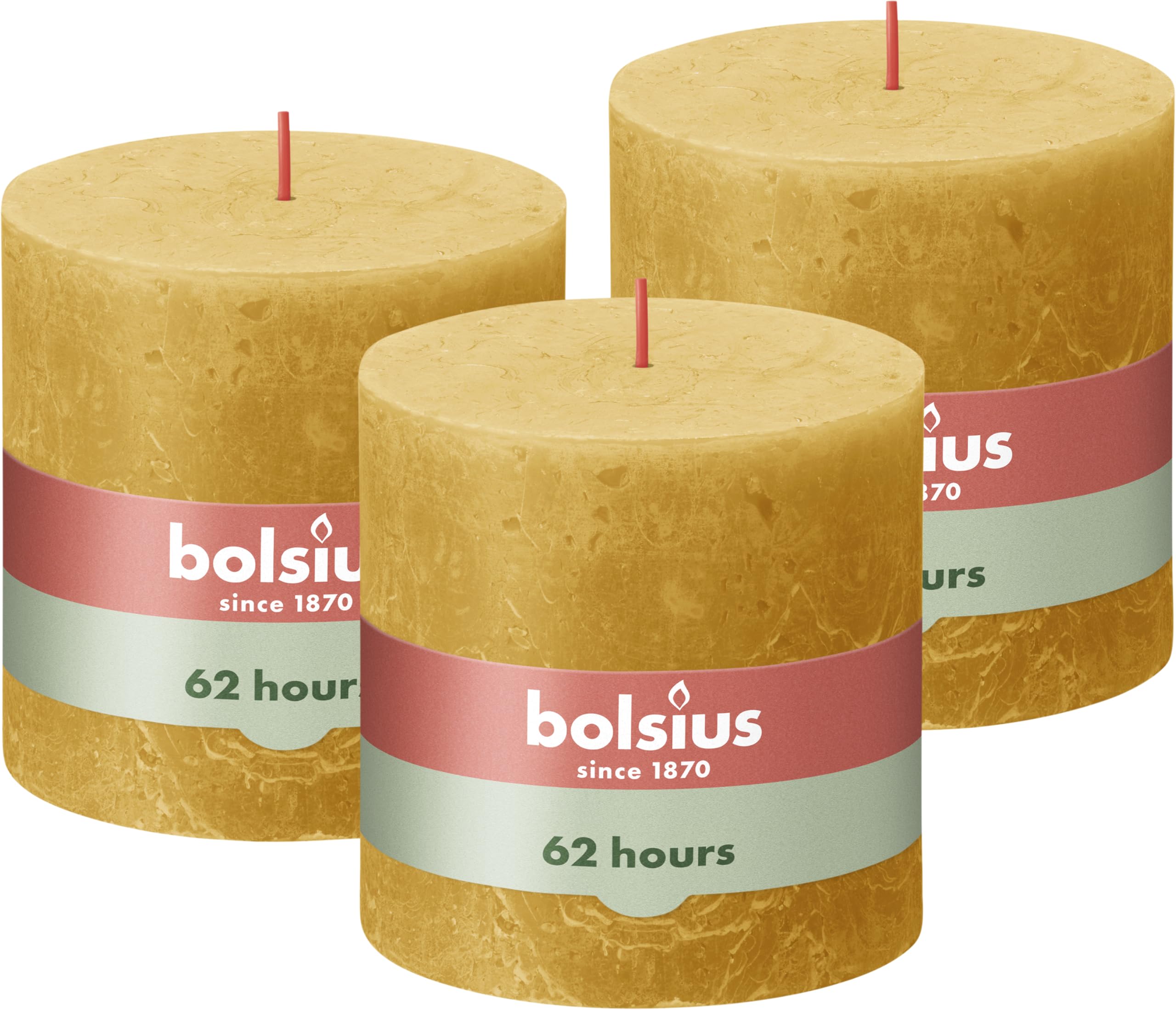 BOLSIUS - Rustic XXL Candle - Yellow - 10 cm - Pack 3 - Non Drip - Non Scented Candles - Long Burning Time of 62 Hours