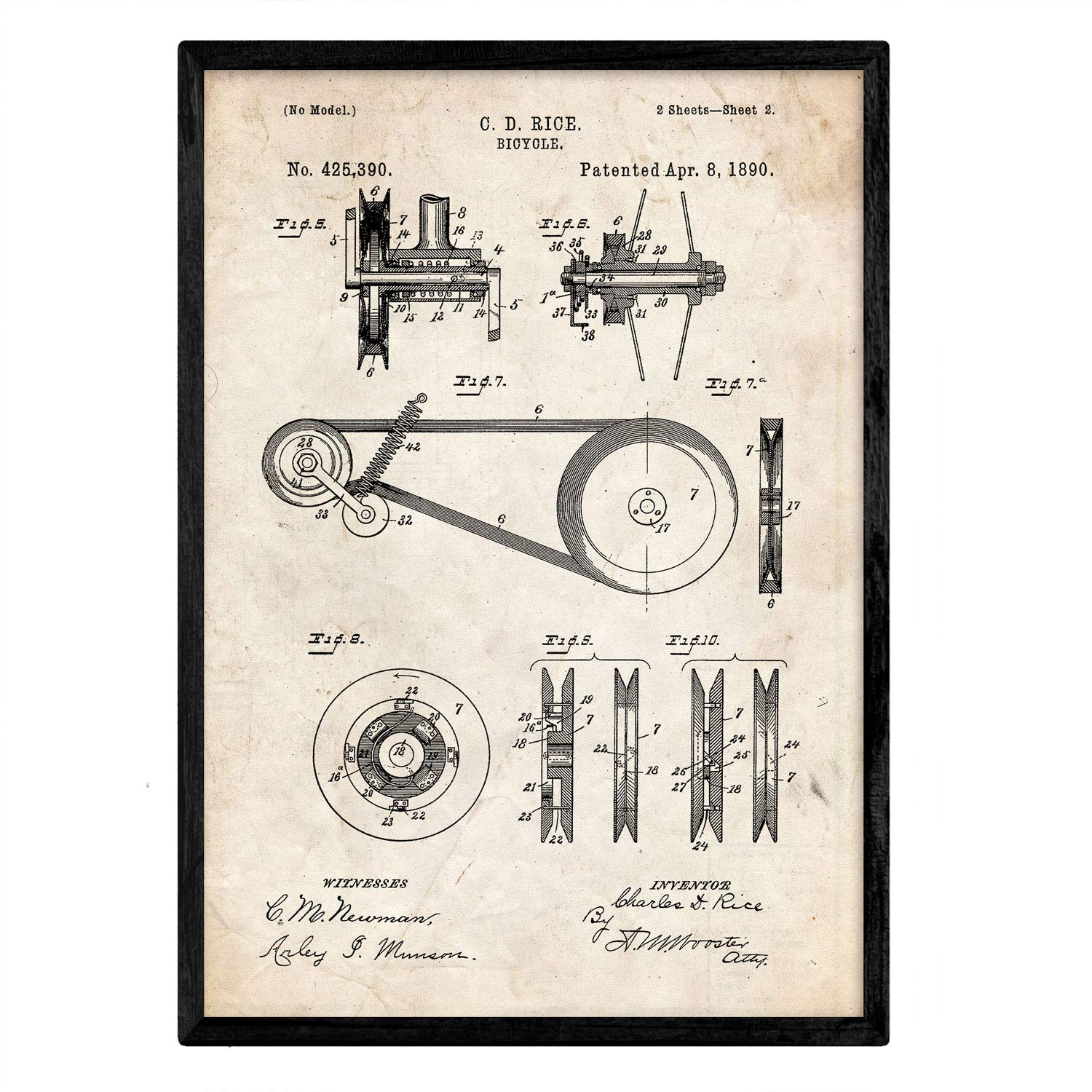 Nacnic Bicycle Poster patent design 3. Foil with old patent in A3 size and vintage background