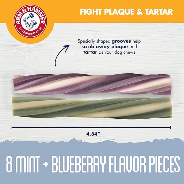 ARM & HAMMER FOR PETS SMOOTHIES DENTAL TREATS FOR DOGS WITH BAKING SODA AND CALCIUM, TREAT CHEWS HELP FIGHT BAD BREATH, PLAQUE & TARTAR, MINT BLUEBERRY & MINT, 8 PCS