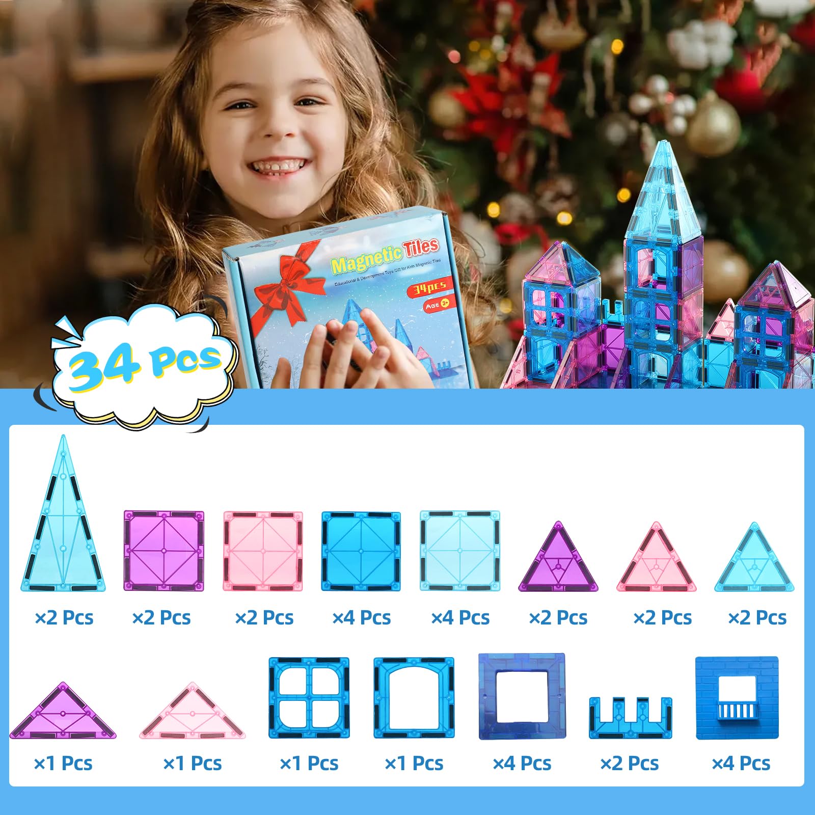 Magnetic Tiles Building Blocks for 3 4 5 6 7 8+ Years Old Boys Girls Colorful Magnet Stacking Toys Birthday Gift for Toddlers STEM Preschool Educational Construction Tiles Set for Kids (Blue)