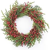 DIYFLORU 20 Inches Classic Christmas Wreath Rustic Christmas Wreaths for Front Door Xmas Winter Wreath with Green Norfolk Pine Needle Red Berry for Door Window Porch Wall Indoors Outside