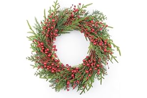 DIYFLORU 20 Inches Classic Christmas Wreath Rustic Christmas Wreaths for Front Door Xmas Winter Wreath with Green Norfolk Pine Needle Red Berry for Door Window Porch Wall Indoors Outside