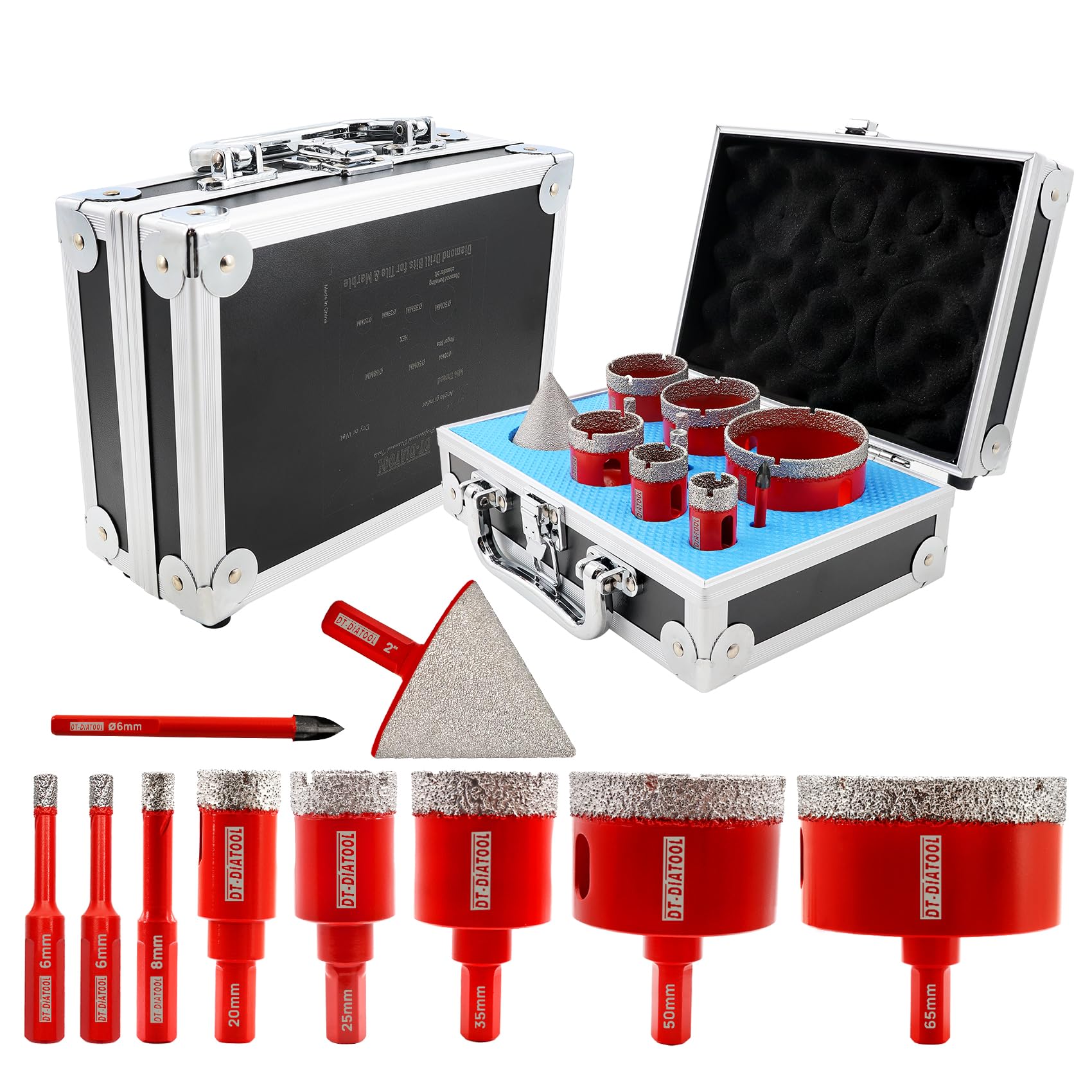 Diamond Core Drill Bit Set, DT-DIATOOL 11pcs - 6/6/8/20/25/35/45/50/65mm+6mm Carbide Positioning Drill Bit with Triangle Shank + 50mm Hex Shank Chamfer Bit for Porcelain Tile Ceramic Granite Marble