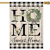ORTIGIA Summer House Flag Burlap Vertical Double Sided 28 x 40 Inch Home Sweet Home Magnolia Large House Flag Spring Farmhouse Rustic Buffalo Check Plaid Home Front Yard Patio Outside Outdoor Decor