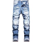 GHYYHG Men's Ripped Patch Elastic Jeans Fashion Slim Fit Regular Denim Pants