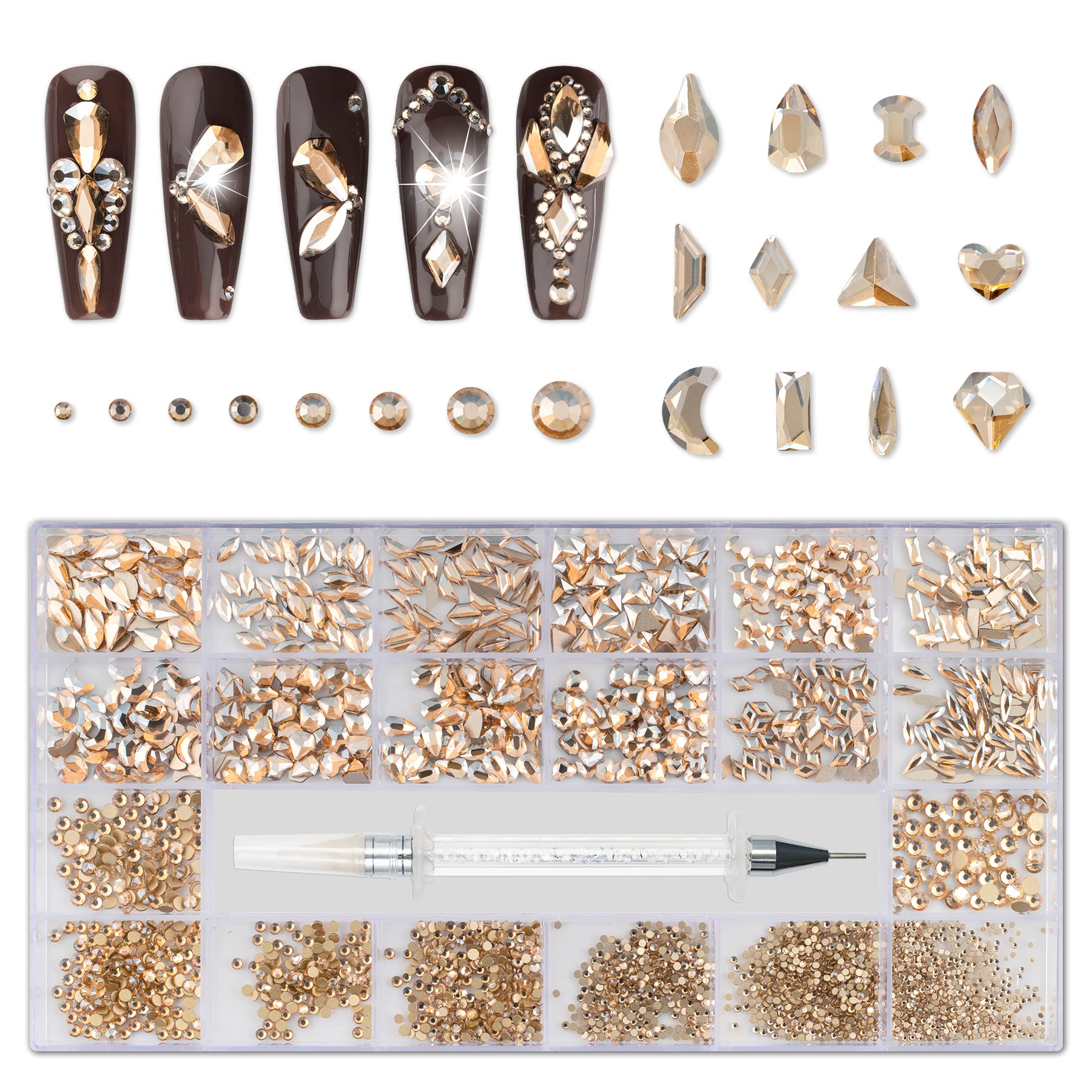 Photo 1 of Nail Rhinestones Kit, Nail Art Decorations with Wax Pencil Flat AB Rhinestones Kit DIY Crafts Gemstones for Nail, Shoes, Clothes, Jewels (600 Champagne diamonds + 2500 flat rhinestones)