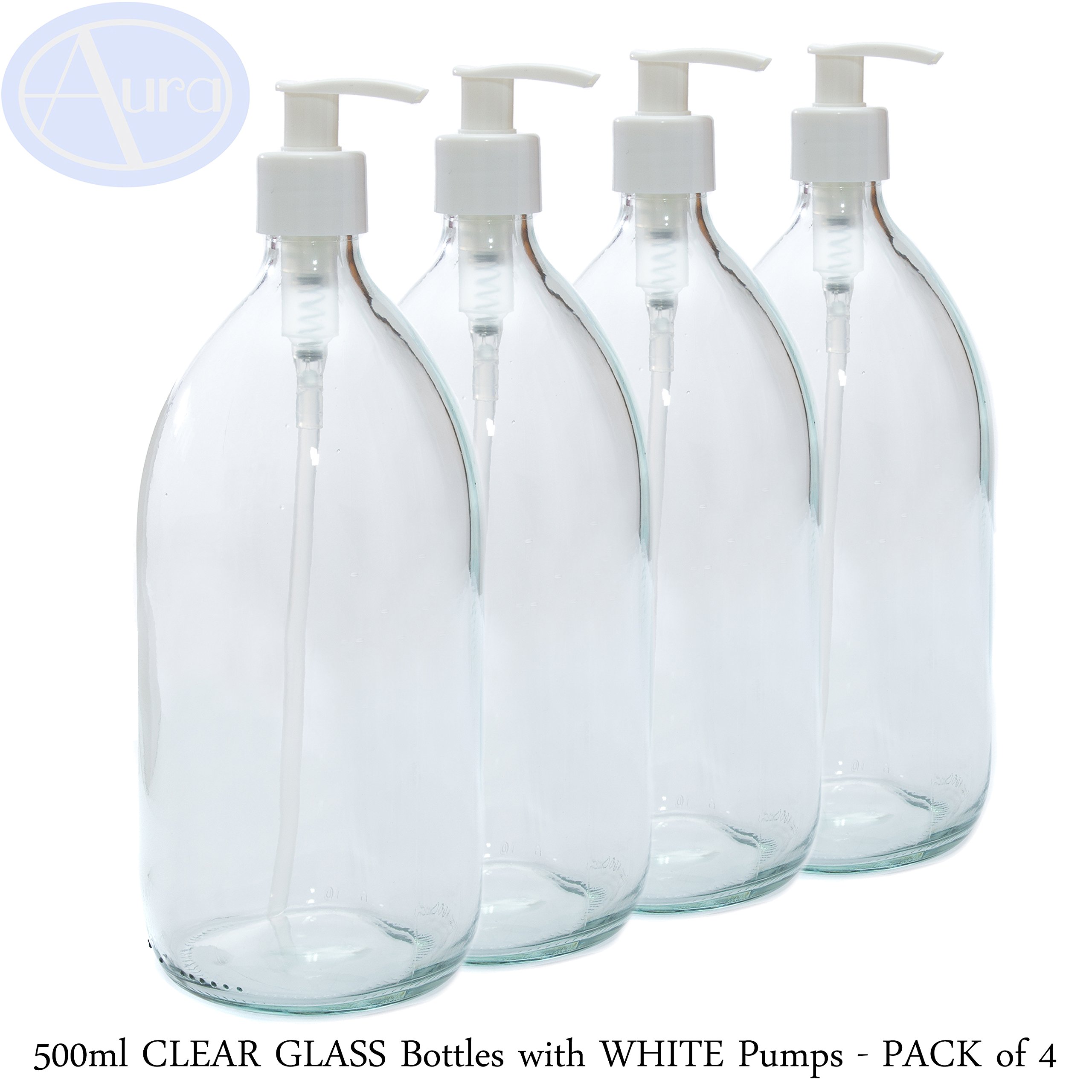 Aura 500ml CLEAR GLASS Bottles with WHITE Pumps - PACK of 4