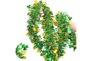 CIPOWM 33FT St. Patrick's Day Tinsel Garland Shamrock Clover Green Gold Metallic Twist Foil Tinsel Garland Hanging Garland for St. Patrick's Day Party Indoor Outdoor Decoration