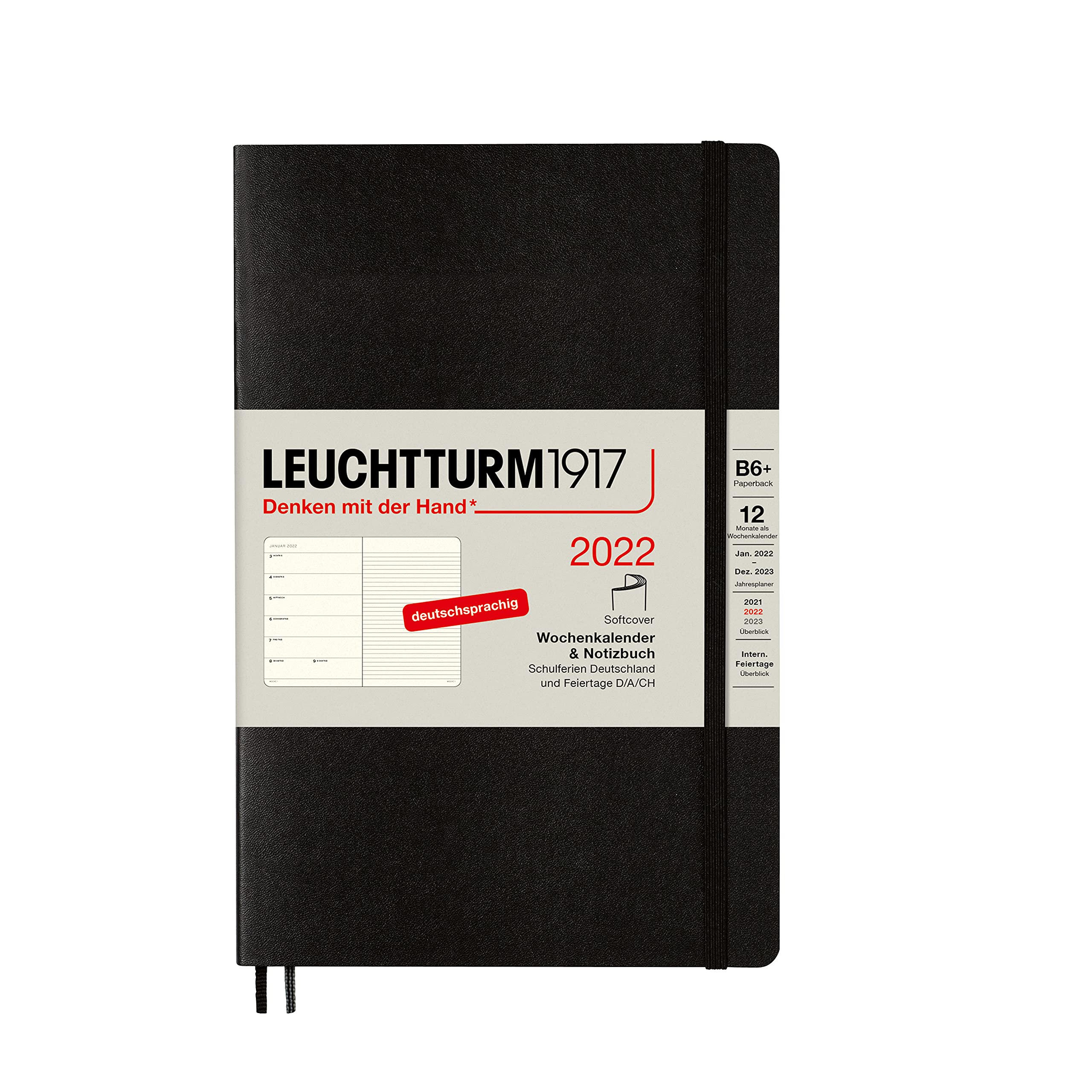 Leuchtturm1917 363566 Weekly Calendar & Notebook 2022 Softcover Paperback (B6+), 12 Months, Black, German