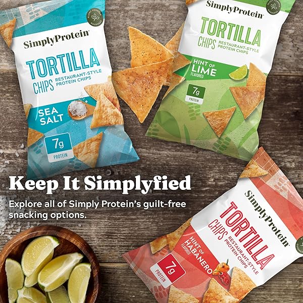 SIMPLY PROTEIN – TORTILLA CHIPS, RESTAURANT STYLE PROTEIN CHIPS, HINT OF LIME (3-PACK) – 7G PROTEIN, 140 CALORIES, GLUTEN FREE, VEGAN – CRISPY PLANT BASED PEA PROTEIN SNACKS – 3 BAGS, 4.58OZ (130G)