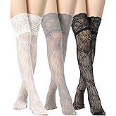 Fourluoo 3 Pairs Women's Lace Socks Thigh High Stocking with Lace Trim Fishnet Mesh Lolita Boot Socks over Knee Stockings