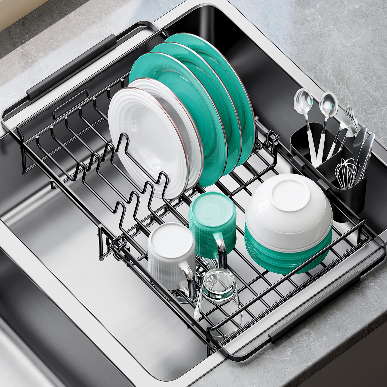 Photo 1 of Dish Drying Rack in Sink - Expandable (14.5''-18''L) Over The Sink Dish Rack with Utensil Holder, Space-Saving Dish Drainer for Kitchen Counter, 1 Piece, Matte Black